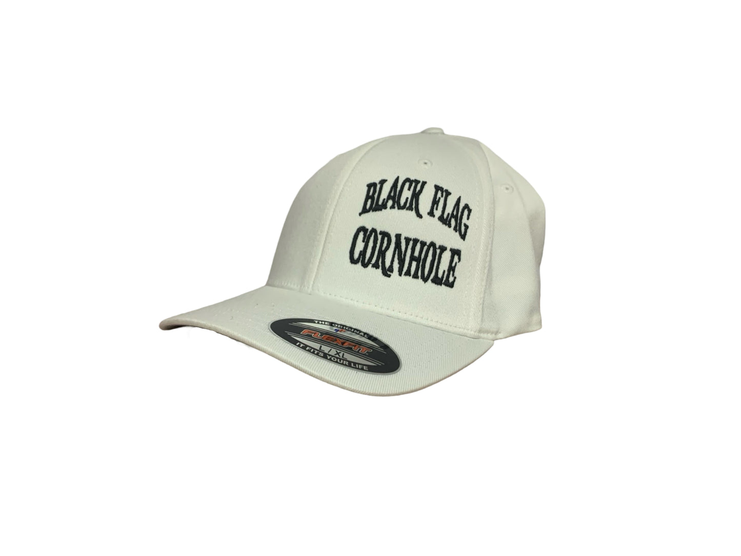 Black Flag Cornhole Offset Text Hat - FlexFit Hat