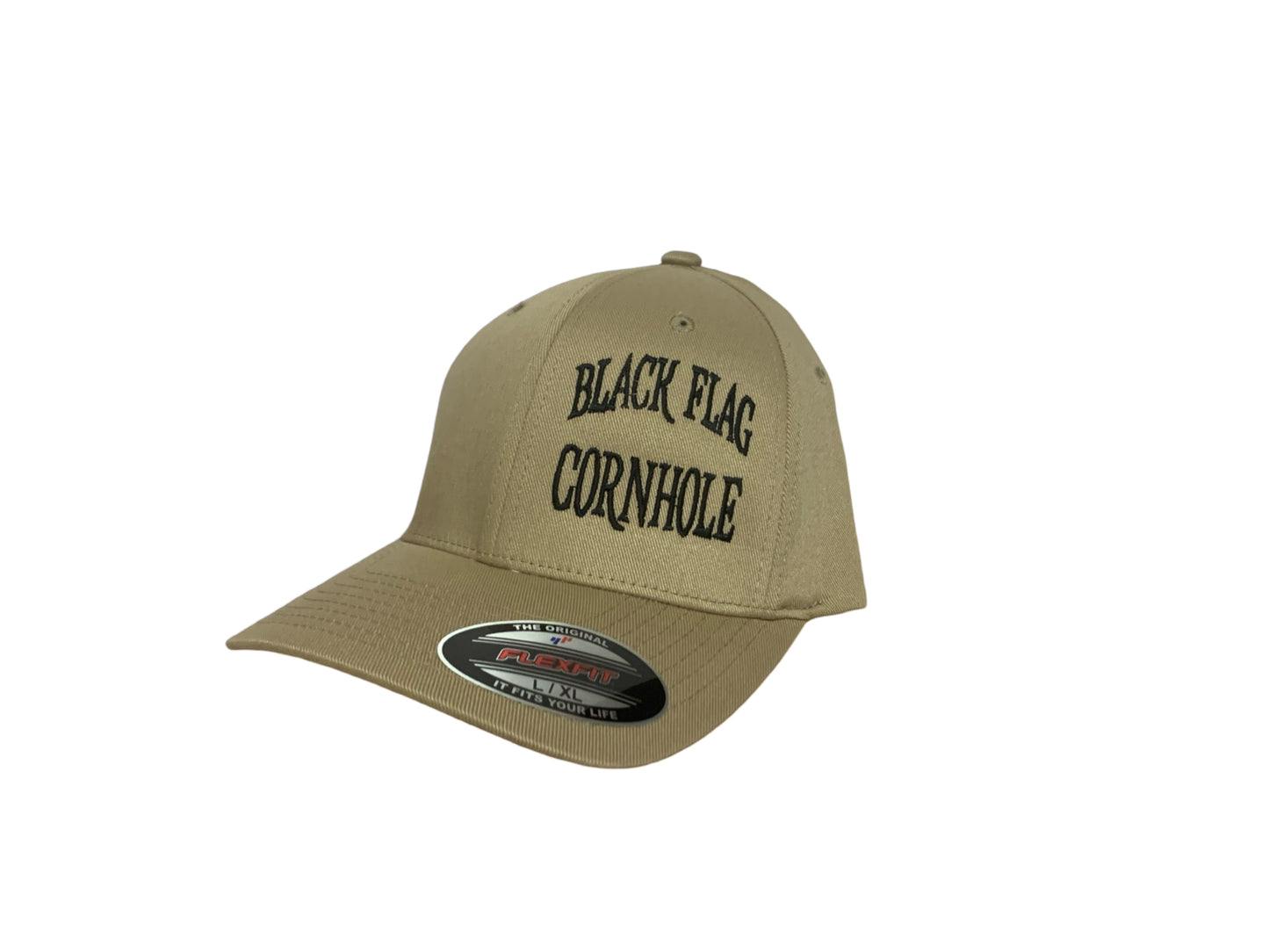 Black Flag Cornhole Offset Text Hat - FlexFit Hat