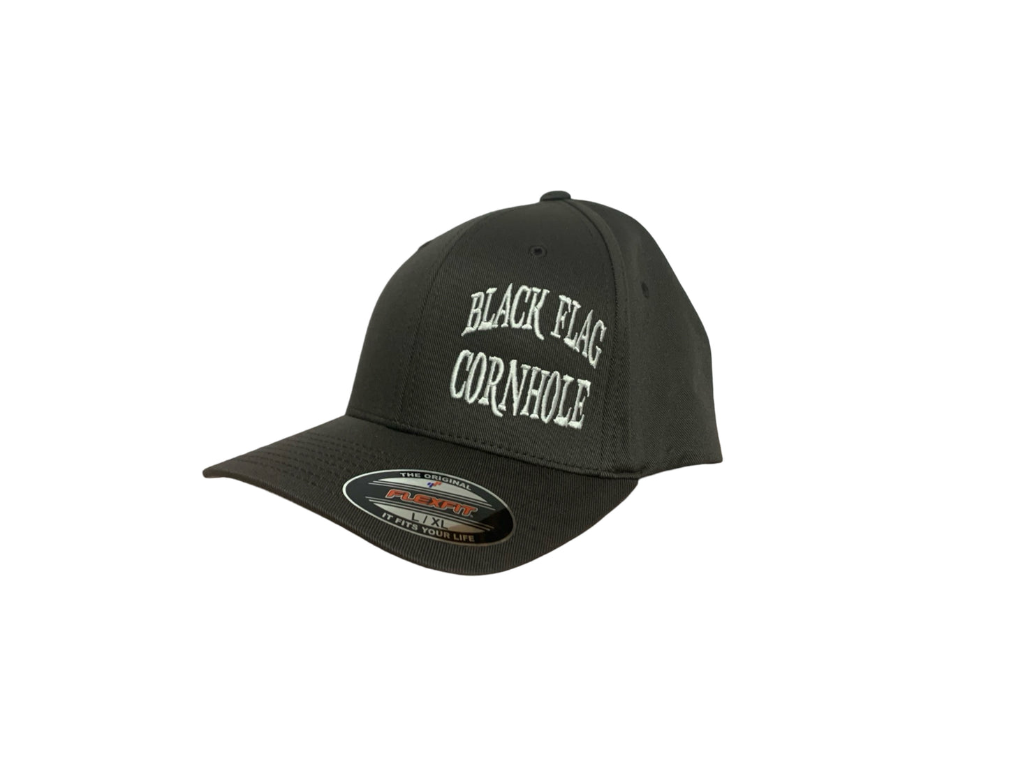 Black Flag Cornhole Offset Text Hat - FlexFit Hat