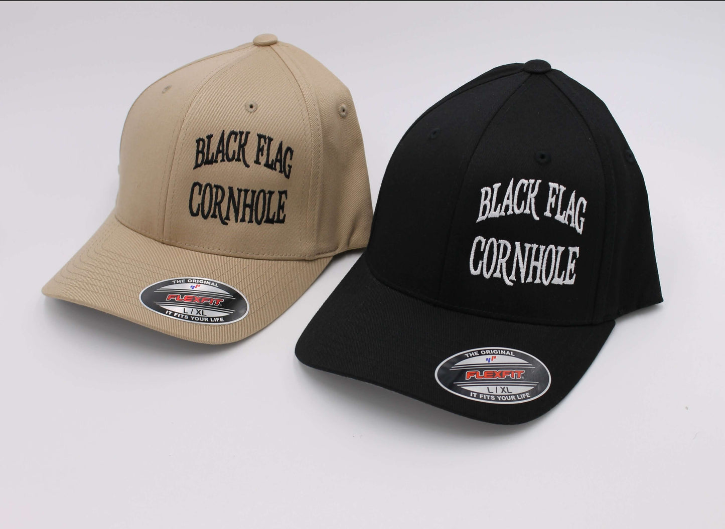 Black Flag Cornhole Offset Text Hat - FlexFit Hat